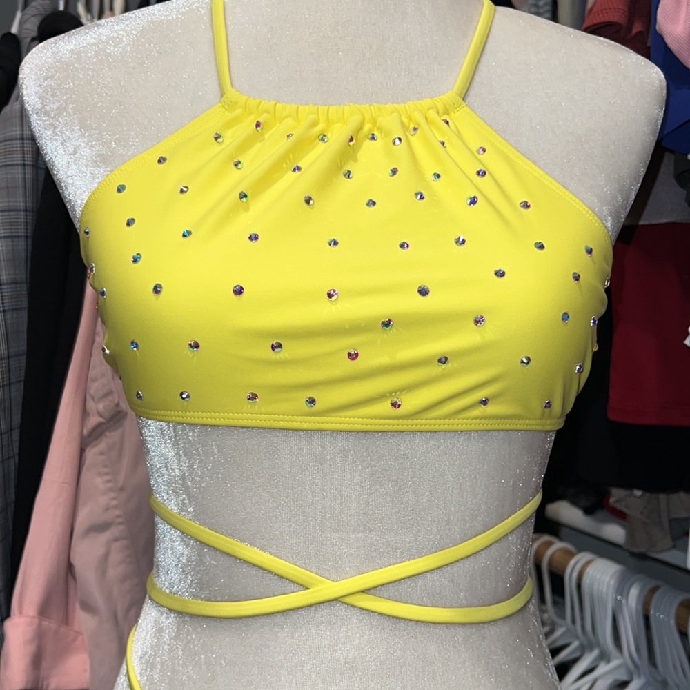Yellow Bandeau bikini with added AB RHINESTONES. Size small. - Picture 6 of 9